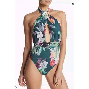 LaBlanca women's 6 green tropical plunge neck halter‎ tie one piece swimsuit